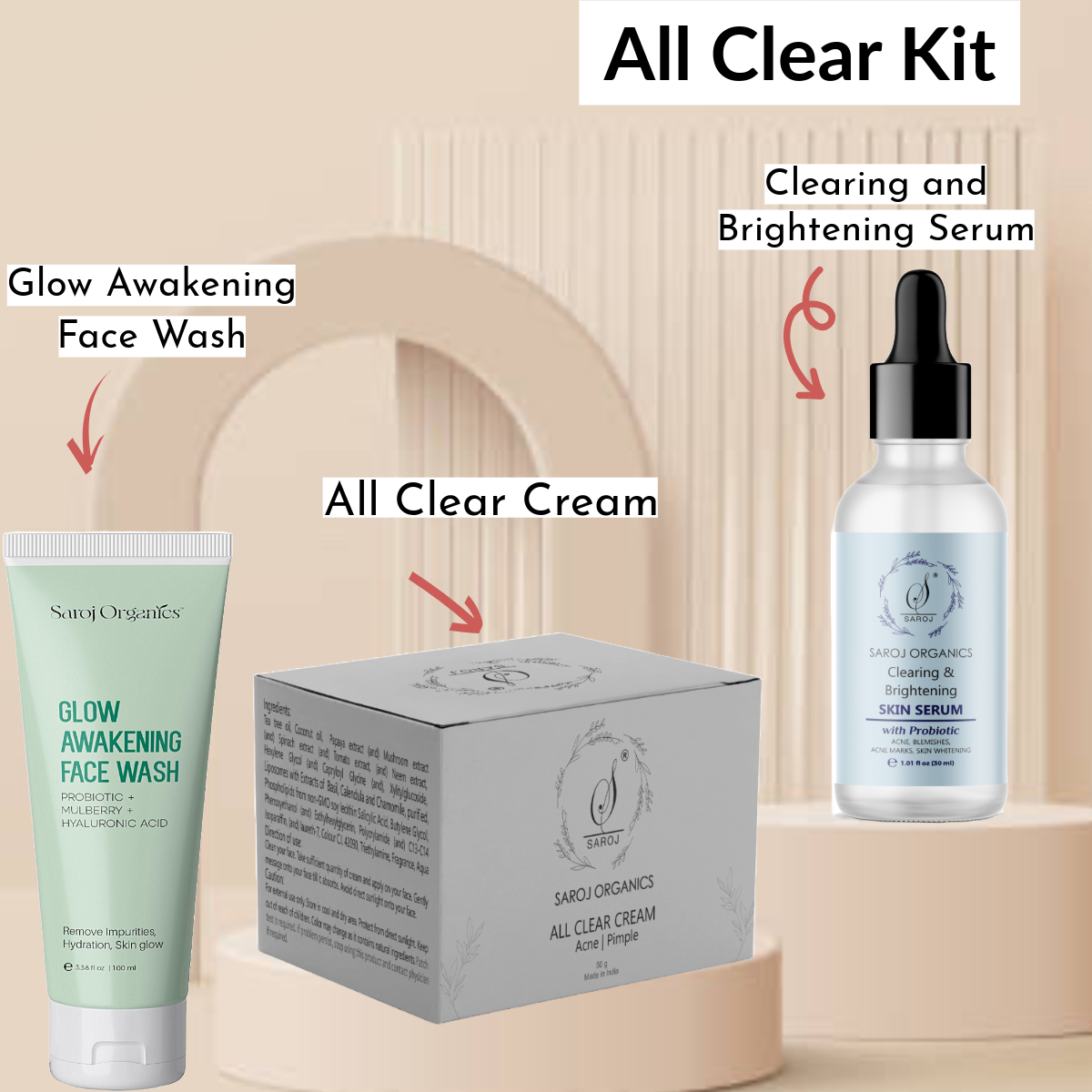 All Clear Kit for acne, pimples, acne marks, Blackheads, open pores, anti acne and blemishes - for men and women