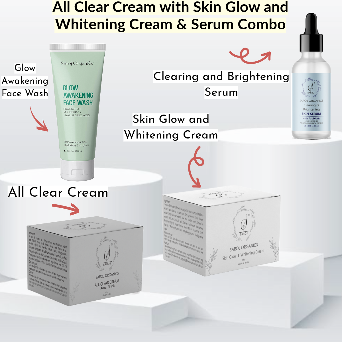 All Clear cream and skin glow and whitening Cream with serum Combo for 10 skin issues for men and women