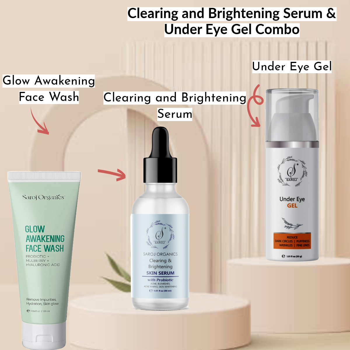 Clearing and brightening serum and under eye gel combo for acne, skin whitening, acne marks , dark circles for men and women