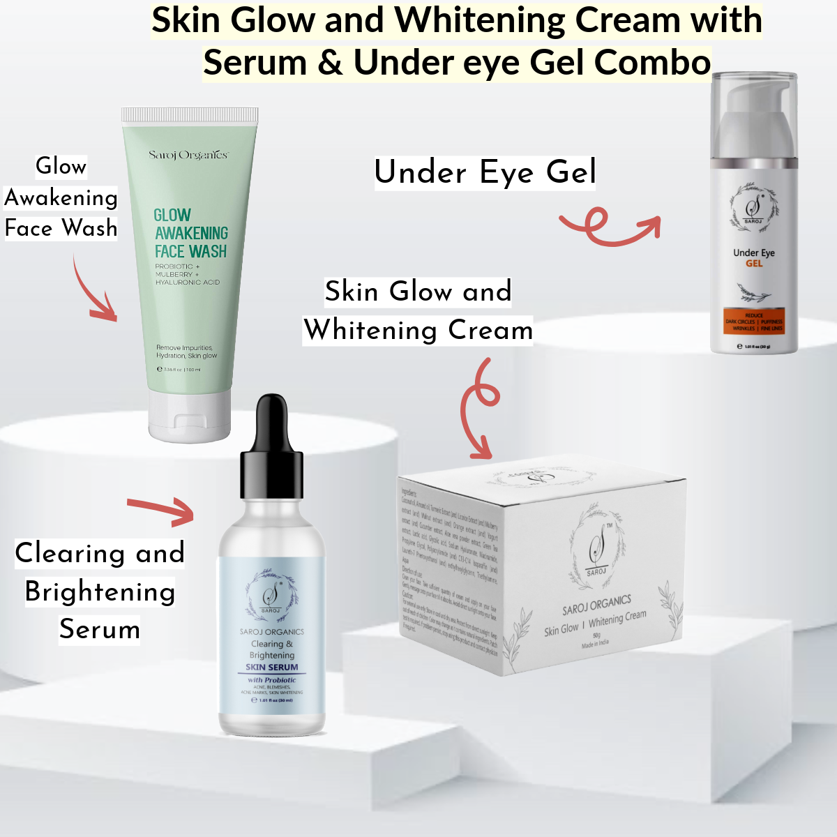 Skin glow and whitneing cream with serum and under eye gel combo for skin whitening, dark circles, brightening